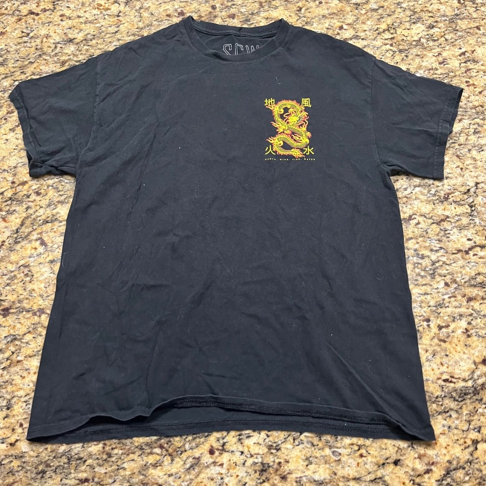SCW Mens Dragon Graphic T-Shirt Black Earth Wind Fire Water Kanji Large